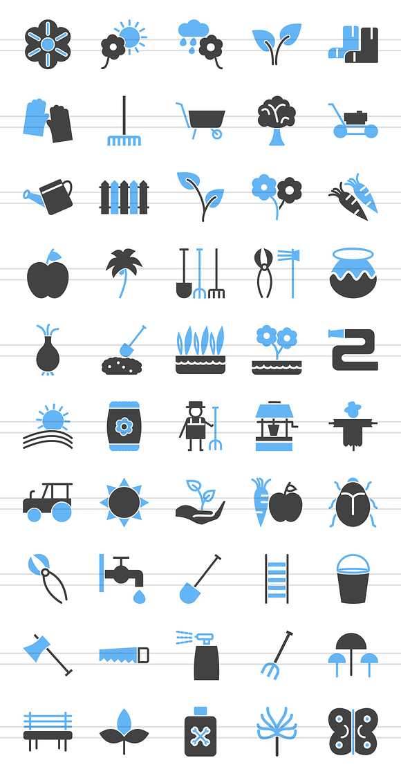 50 Gardening Blue & Black Icons in Graphics - product preview 1