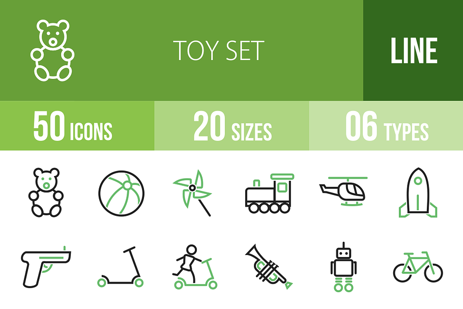 50 Toy Set Green & Black Icons in Graphics - product preview 8