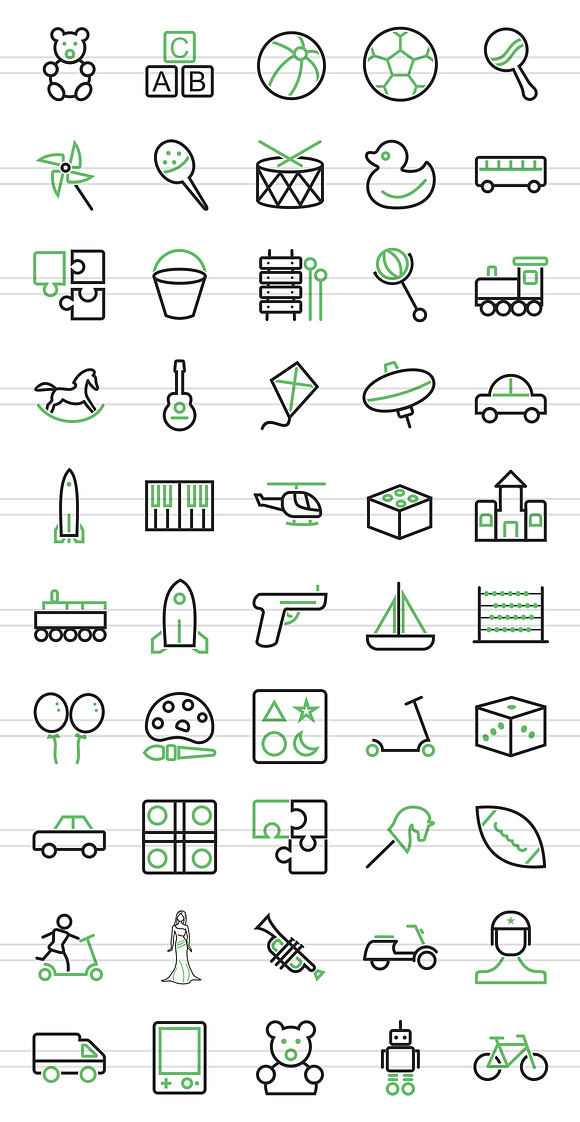 50 Toy Set Green & Black Icons in Graphics - product preview 1