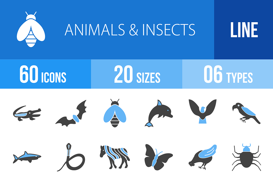 60 Animals&Insects Blue&Black Icons
