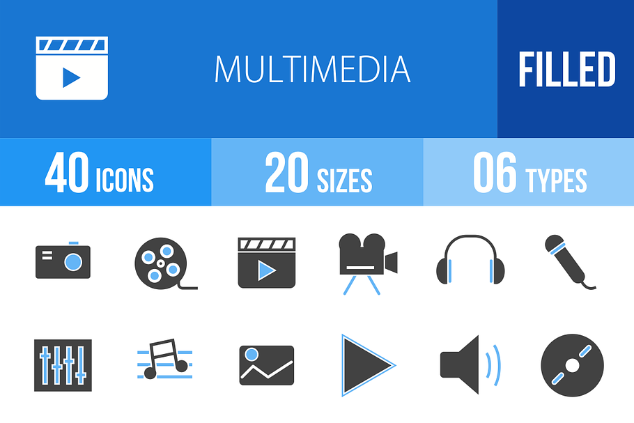 40 Multimedia Blue & Black Icons in Graphics - product preview 8