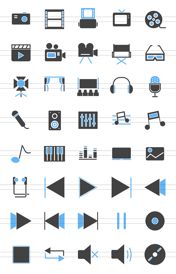 40 Multimedia Blue & Black Icons in Graphics - product preview 1