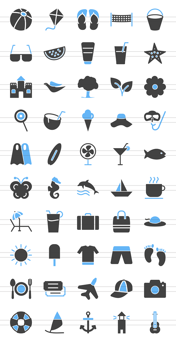 50 Summer Blue & Black Icons in Graphics - product preview 1