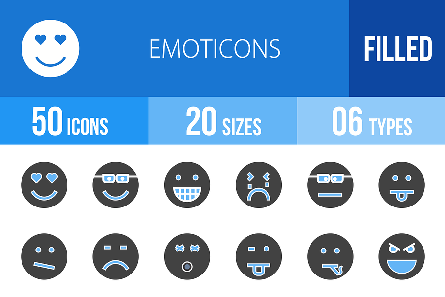 50 Emoticons Blue & Black Icons