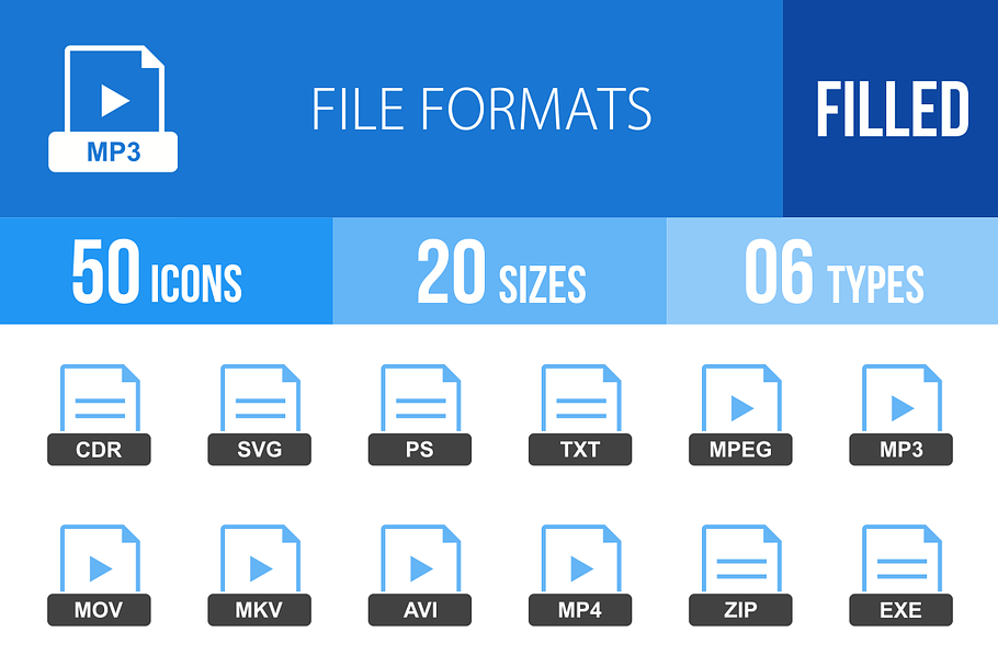 50 File Formats Blue & Black Icons