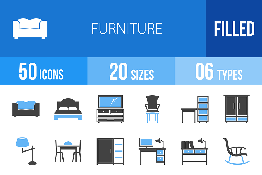 50 Furniture Blue & Black Icons
