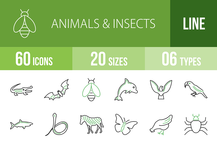 60 Animals&Insects Green&Black Icons in Graphics - product preview 8