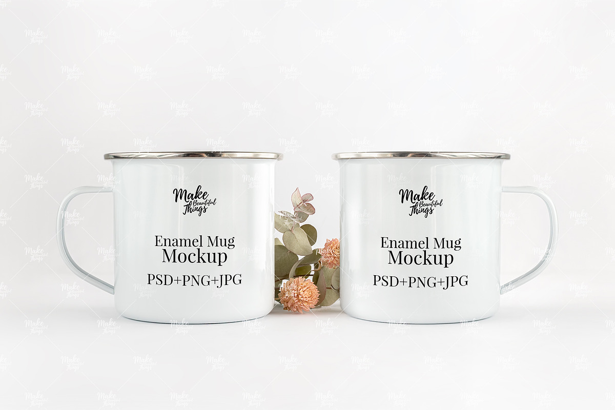 Two enamel mugs mockup in Product Mockups - product preview 8
