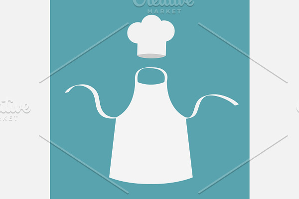 White blank kitchen apron. Chef hat.