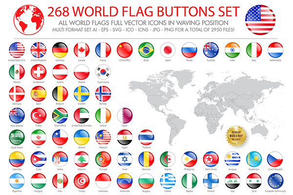 271 World Flag Buttons Set +WorldMap