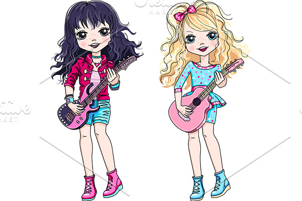 Vector two girls playing guitar