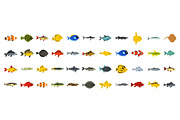 Fish icon set, flat style