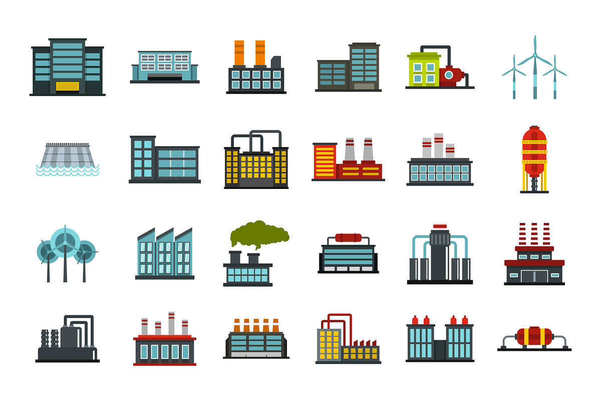 Factory icon set, flat style in Illustrations - product preview 8