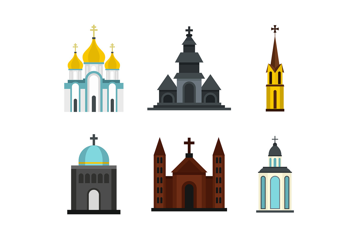 Church icon set, flat style in Illustrations - product preview 8