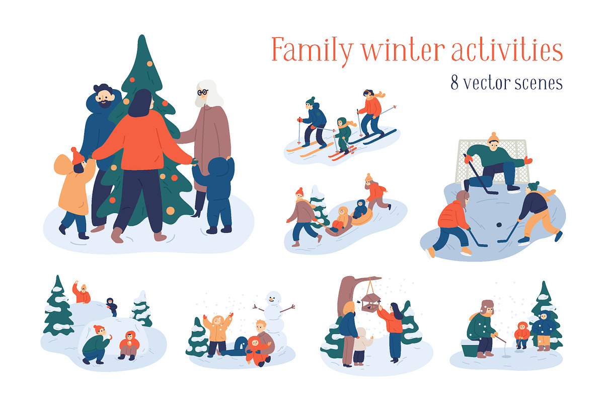 Winter family activities scenes in Illustrations - product preview 8