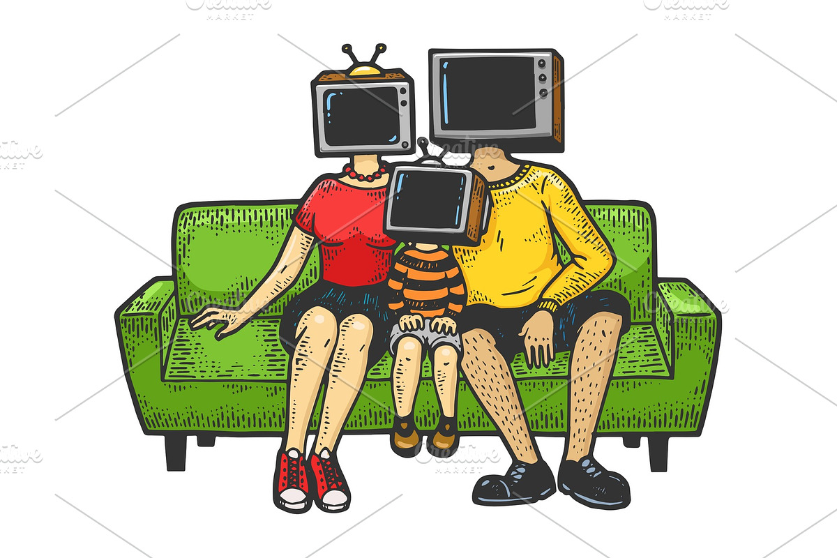 TV head family sketch engraving in Illustrations - product preview 8