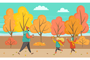 Man and Children Walking in Autumn