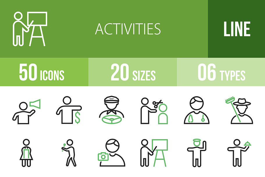 50 Activities Green & Black Icons in Graphics - product preview 8