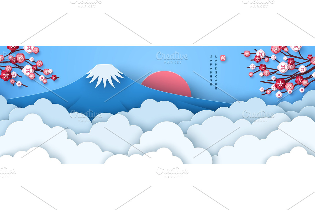 Mount Fuji at dawn with sakura in Illustrations - product preview 8