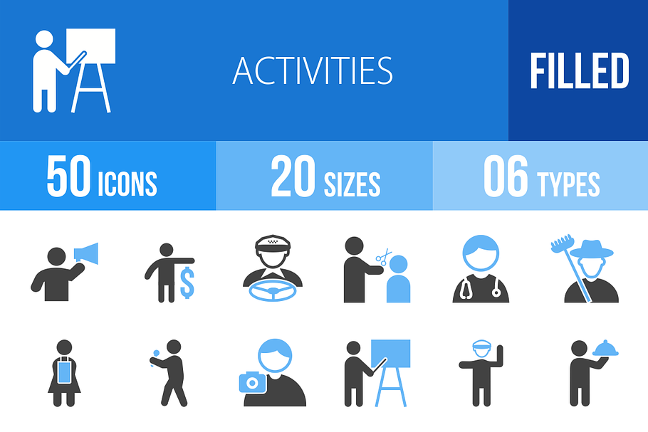50 Activities Blue & Black Icons