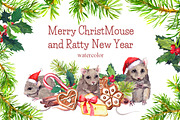 Cute mice in Christmas. Watercolor