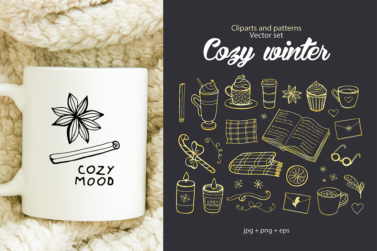 Cozy winter cliparts and patterns in Illustrations - product preview 8
