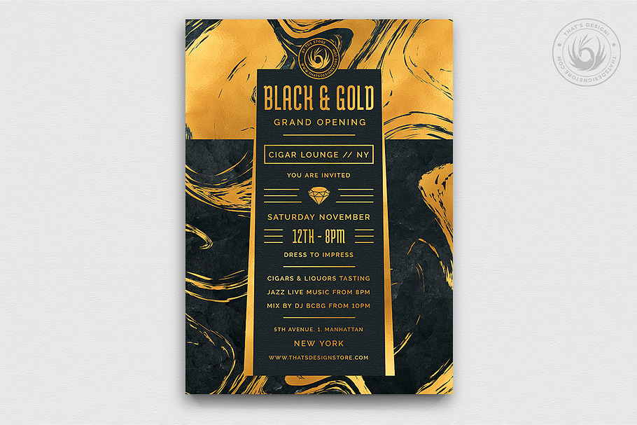 Black and Gold Flyer Template V12 in Invitation Templates - product preview 8