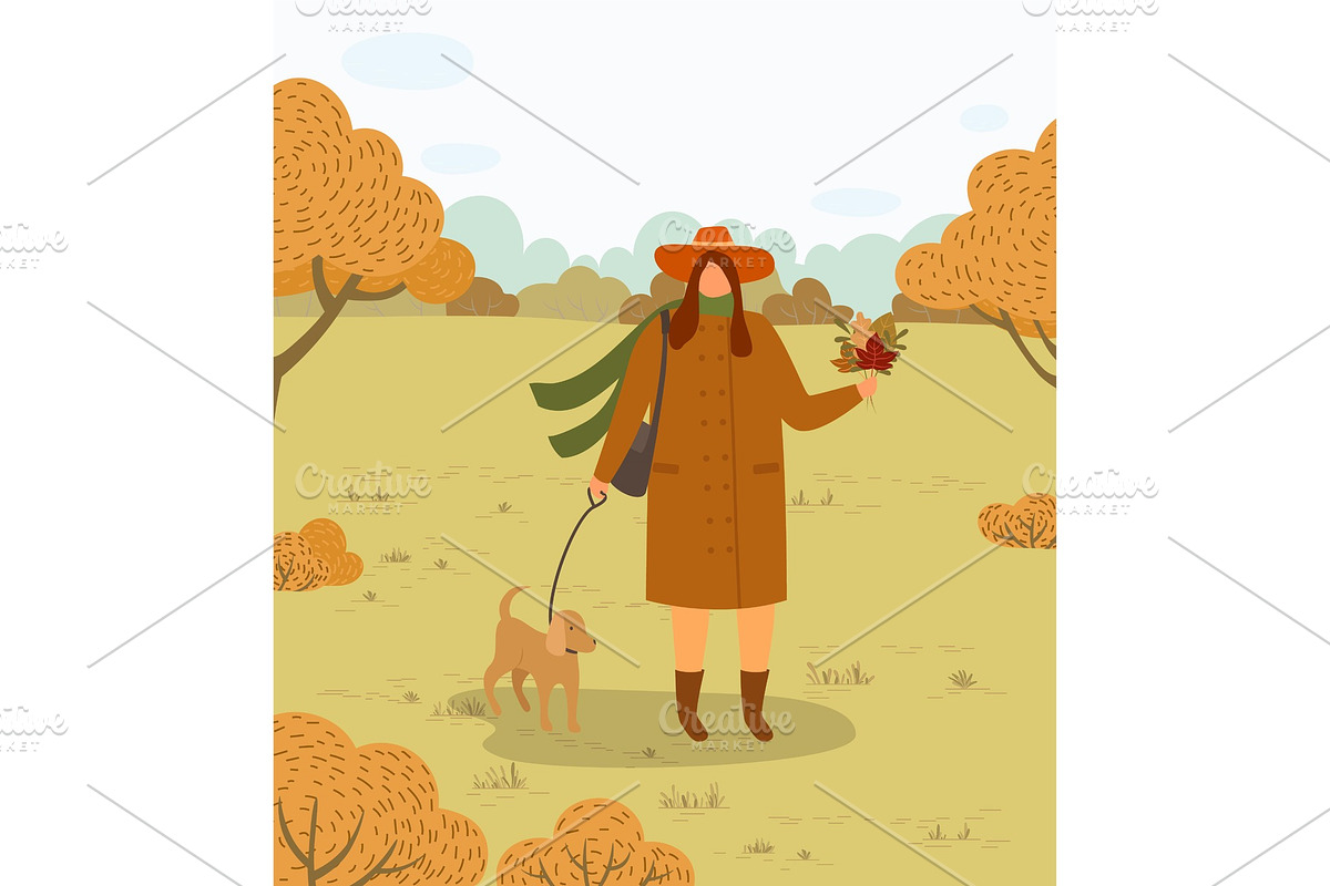 Woman Walking Dog on Leash in Autumn in Illustrations - product preview 8