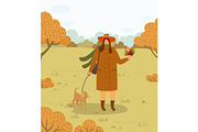 Woman Walking Dog on Leash in Autumn