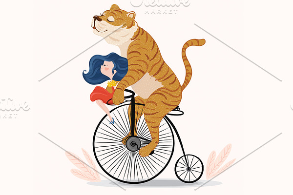 Cute tiger and girl with bicycle.