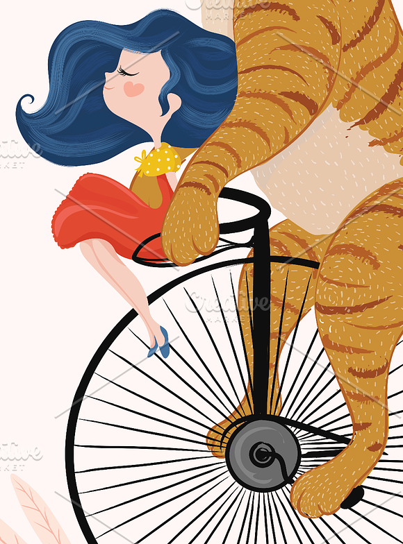 Cute tiger and girl with bicycle. in Illustrations - product preview 2