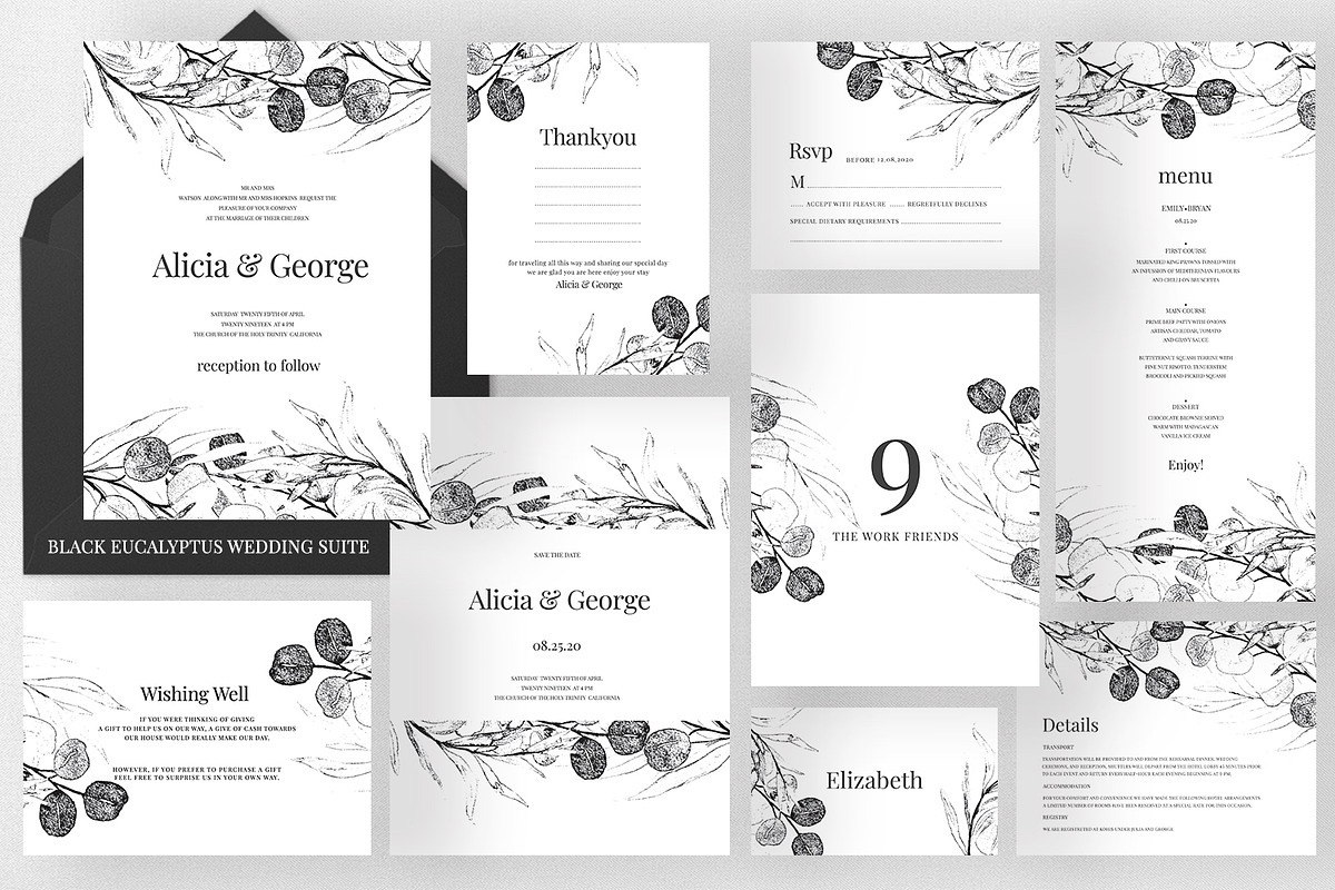 Black Eucalyptus Wedding Suite in Wedding Templates - product preview 8
