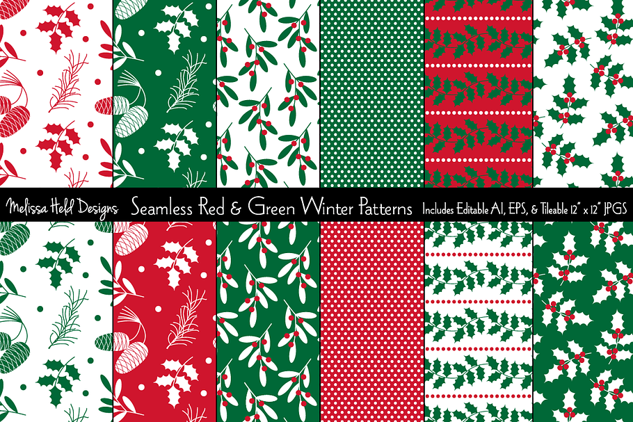 Seamless Red & Green Winter Patterns in Patterns - product preview 8