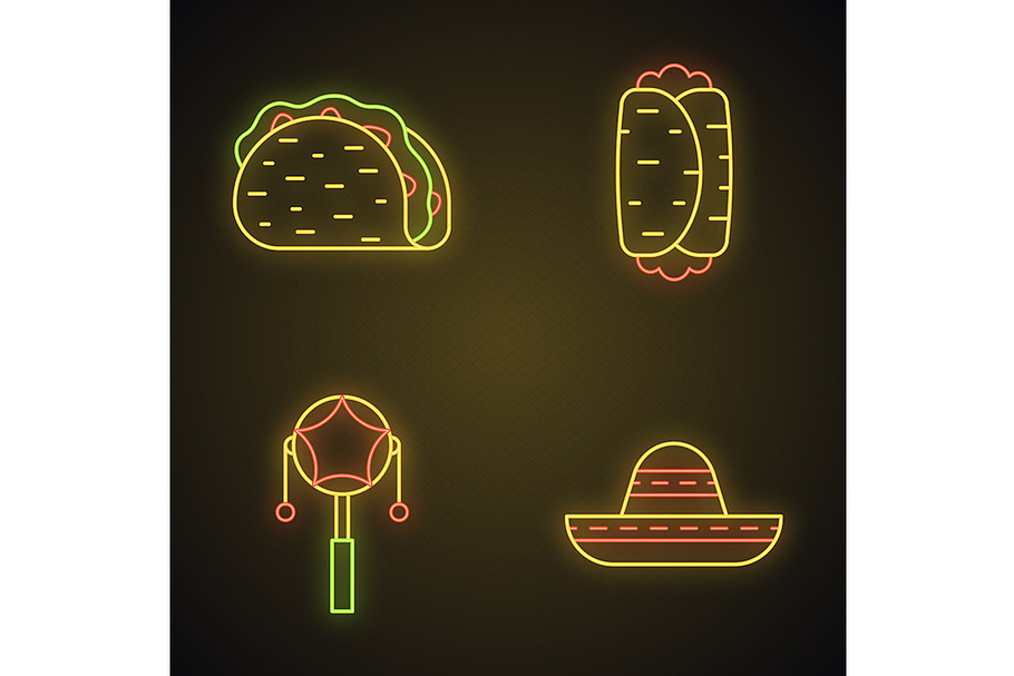 Mexican neon light icons set