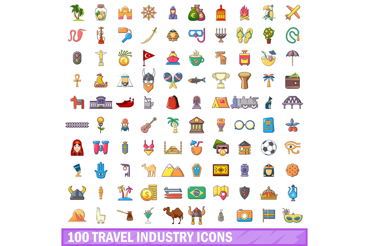 100 travel industry icons set in Illustrations - product preview 8