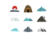 Mountain icon set, flat style