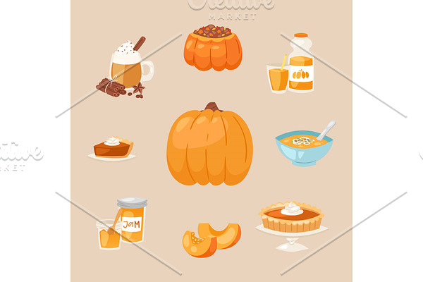 Pumpkins dishes vector cartoon