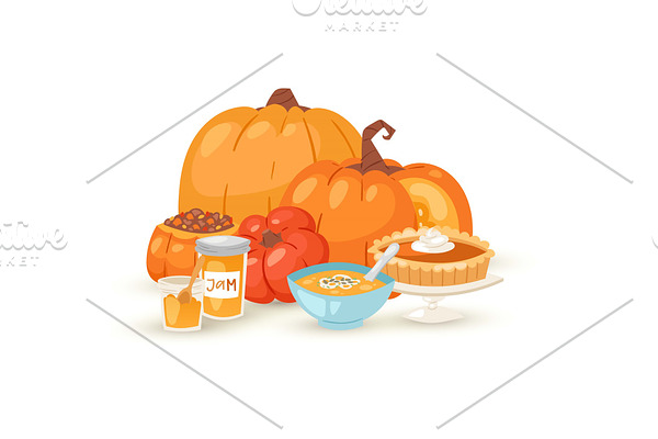 Pumpkins food dishes vector