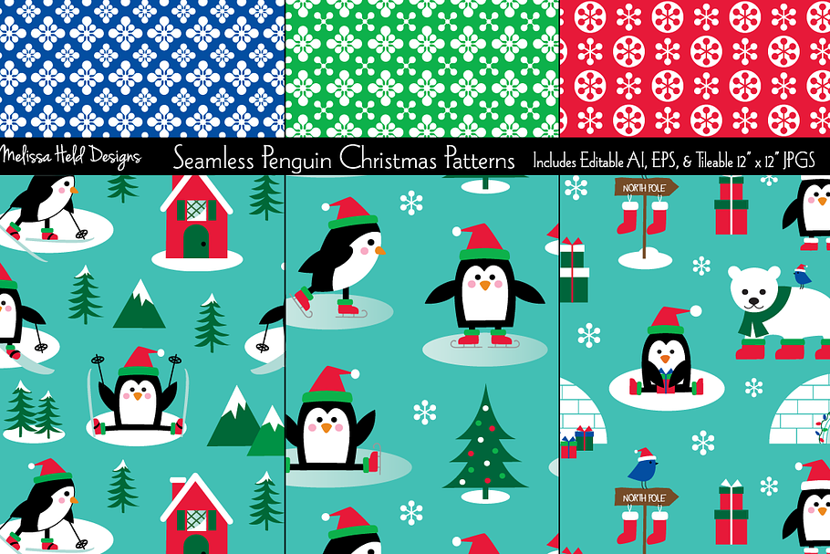 Seamless Penguin Christmas Patterns