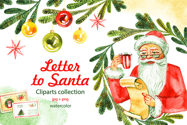 Letter to Santa. Watercolor cliparts