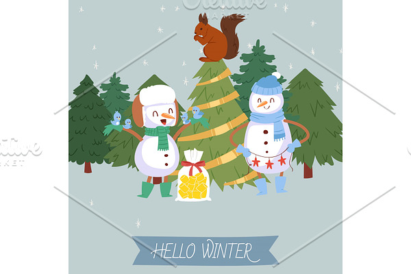 Cute snowman and winter forest
