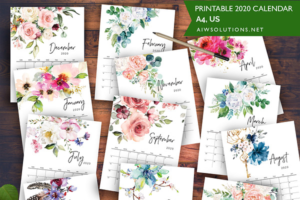 2020 Printable watercolor Calendar
