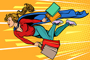 superhero woman flying with shopping