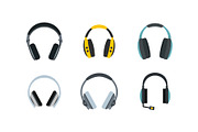 Headphones icon set, flat style
