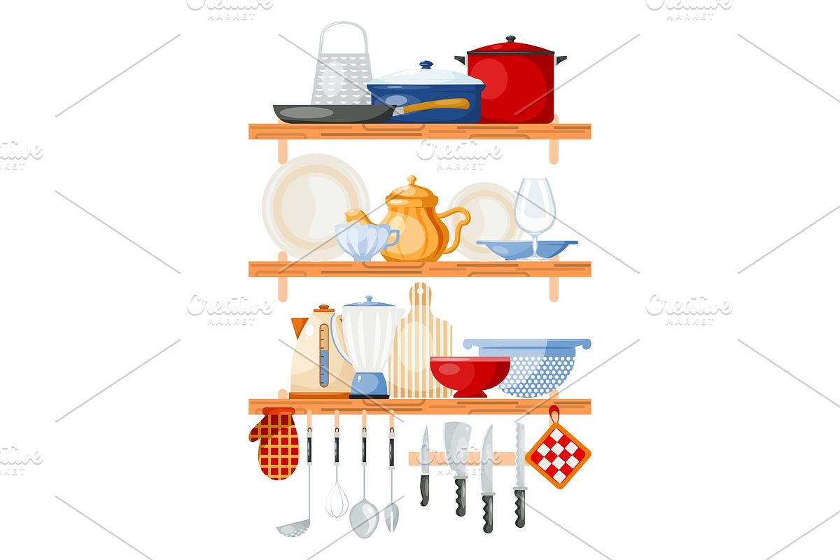 Kitchen tools on shelves vector in Objects - product preview 8