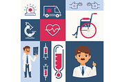 Hospital icons and stickers, vector