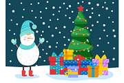 Winter Card with Snowman, Tree and