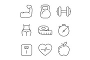 Fitness and gym line icons on white