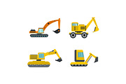 Excavator icon set, flat style