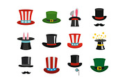 Top hat icon set, flat style